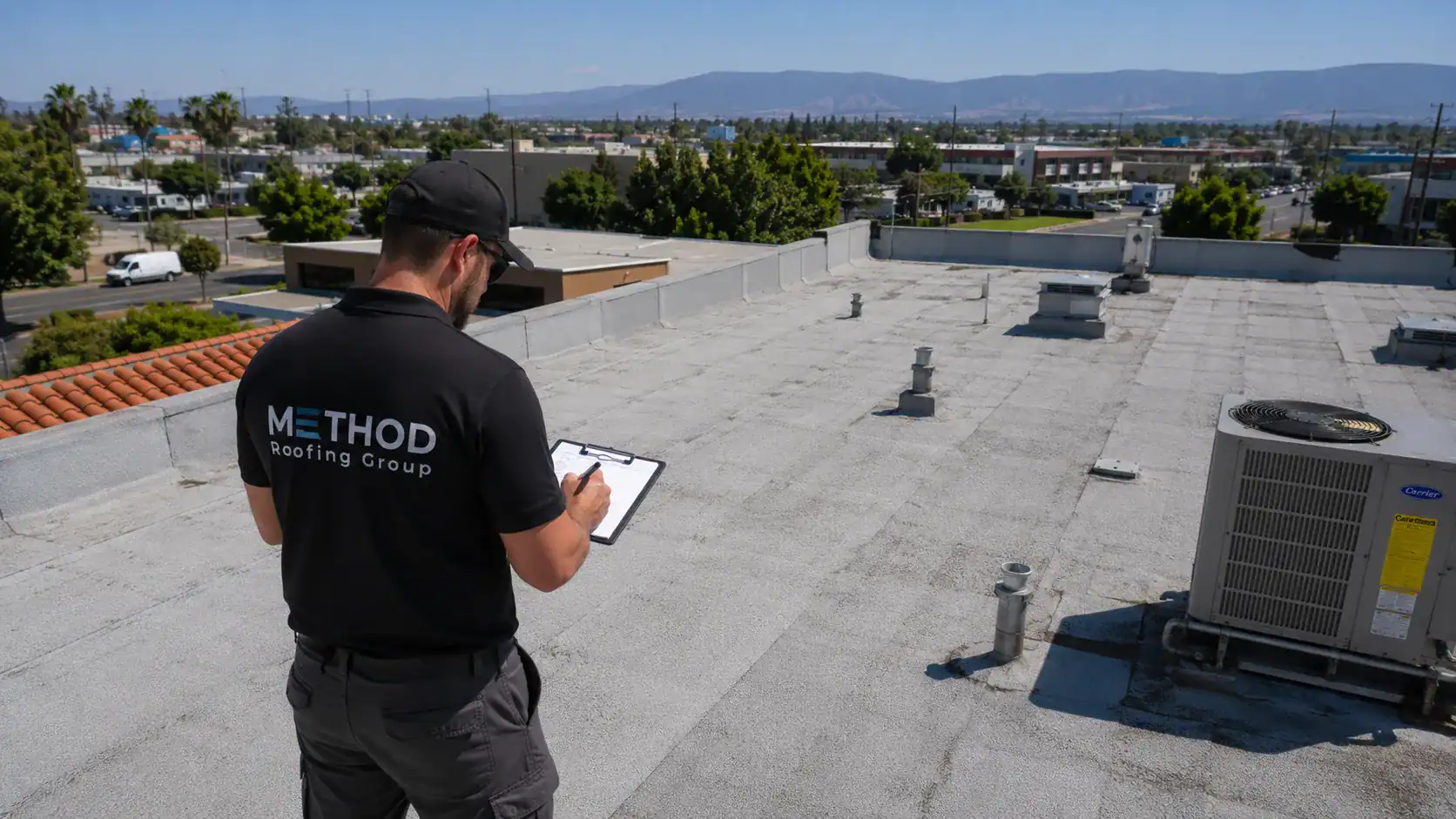 Method Roofing Group technician documenting a commercial flat roof inspection on an industrial building in the Anaheim Canyon corridor, clipboard in hand with HVAC units and roof penetrations visible.