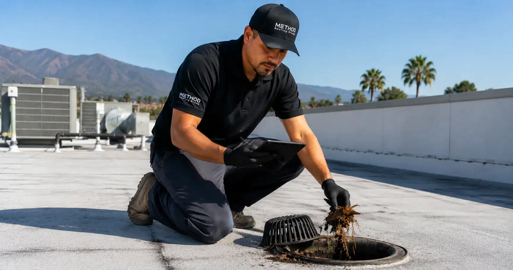 Method Roofing Group technician performing documented commercial roof maintenance on a Southern California flat roof — the cheapest line item in roofing.