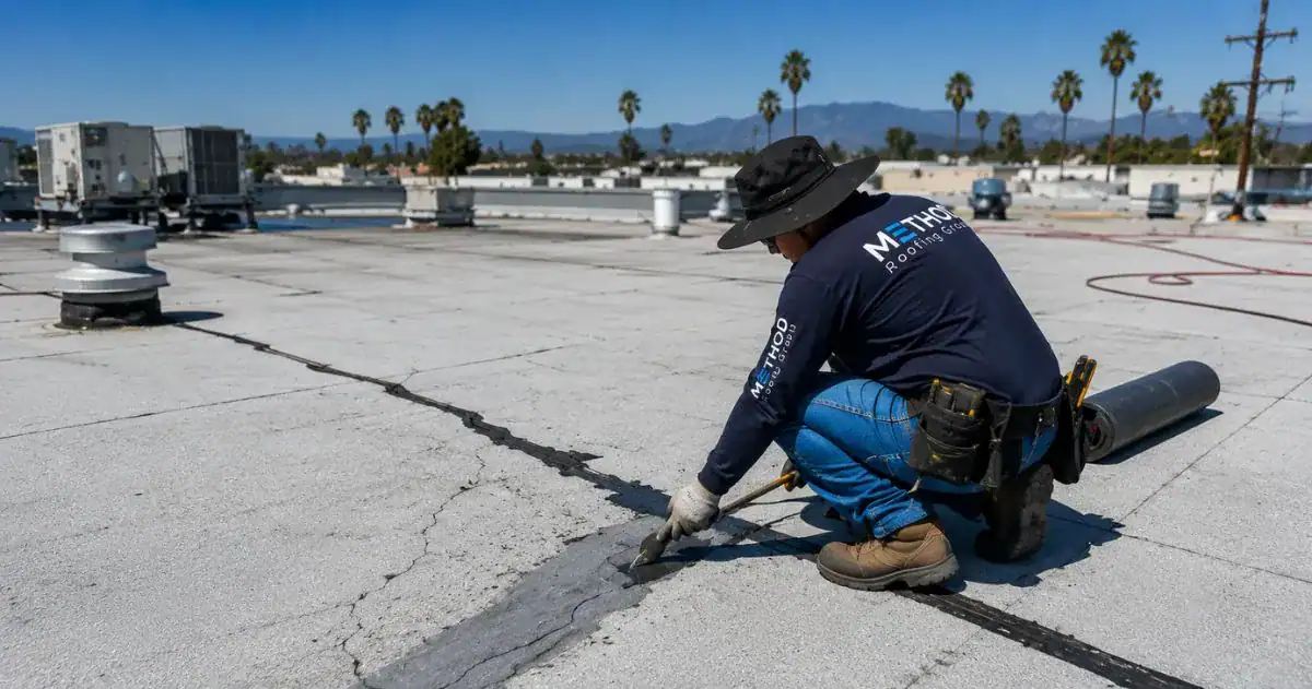Method Roofing Group technician performing targeted commercial roof seam repair, Southern California