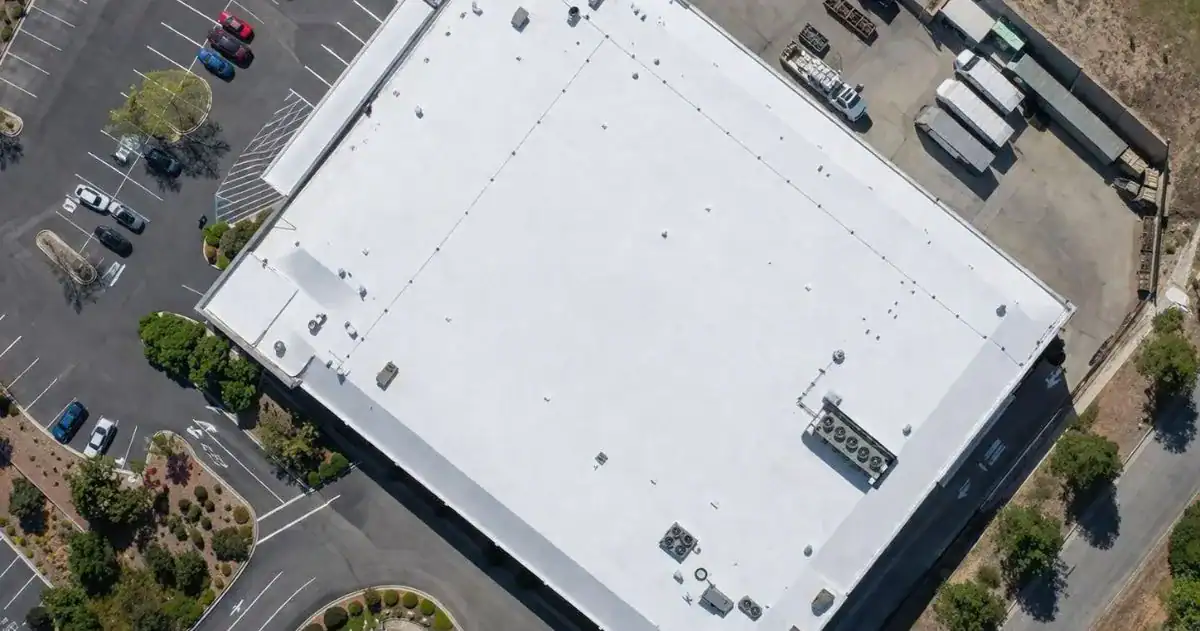 Completed full commercial roof replacement, aerial view, Southern California