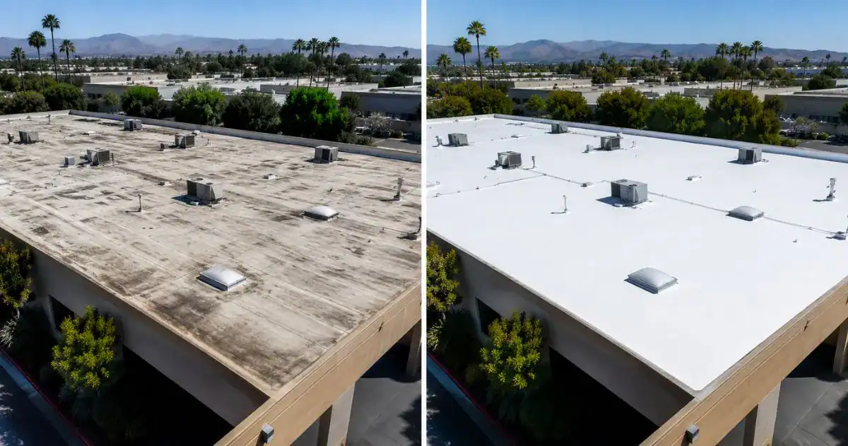 Aged commercial roof before and after fluid-applied restoration coating, Inland Empire — 10–20 years added service life