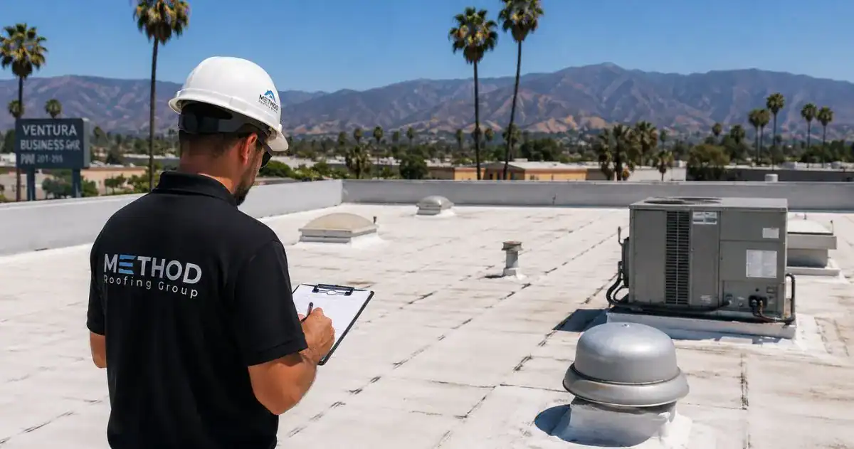 Method Roofing Group inspector documenting roof conditions on written report, Ventura County
