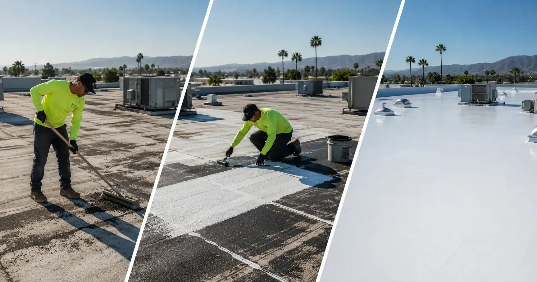 Method Roofing Group technician extending commercial roof life by applying a reflective restoration sysytem coating to a flat roof in Southern California.