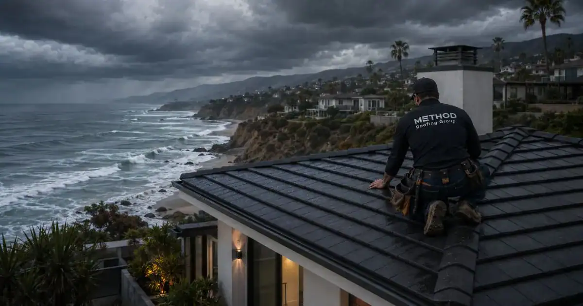 El Niño roof preparation on a coastal Orange County luxury tile roof — Method Roofing Group homeowner pre-storm inspection.