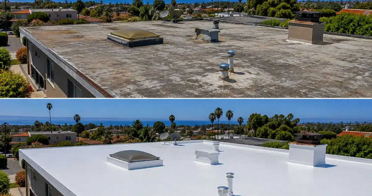 Before and after residential flat roof restoration with coastal Southern California view — restored instead of replaced