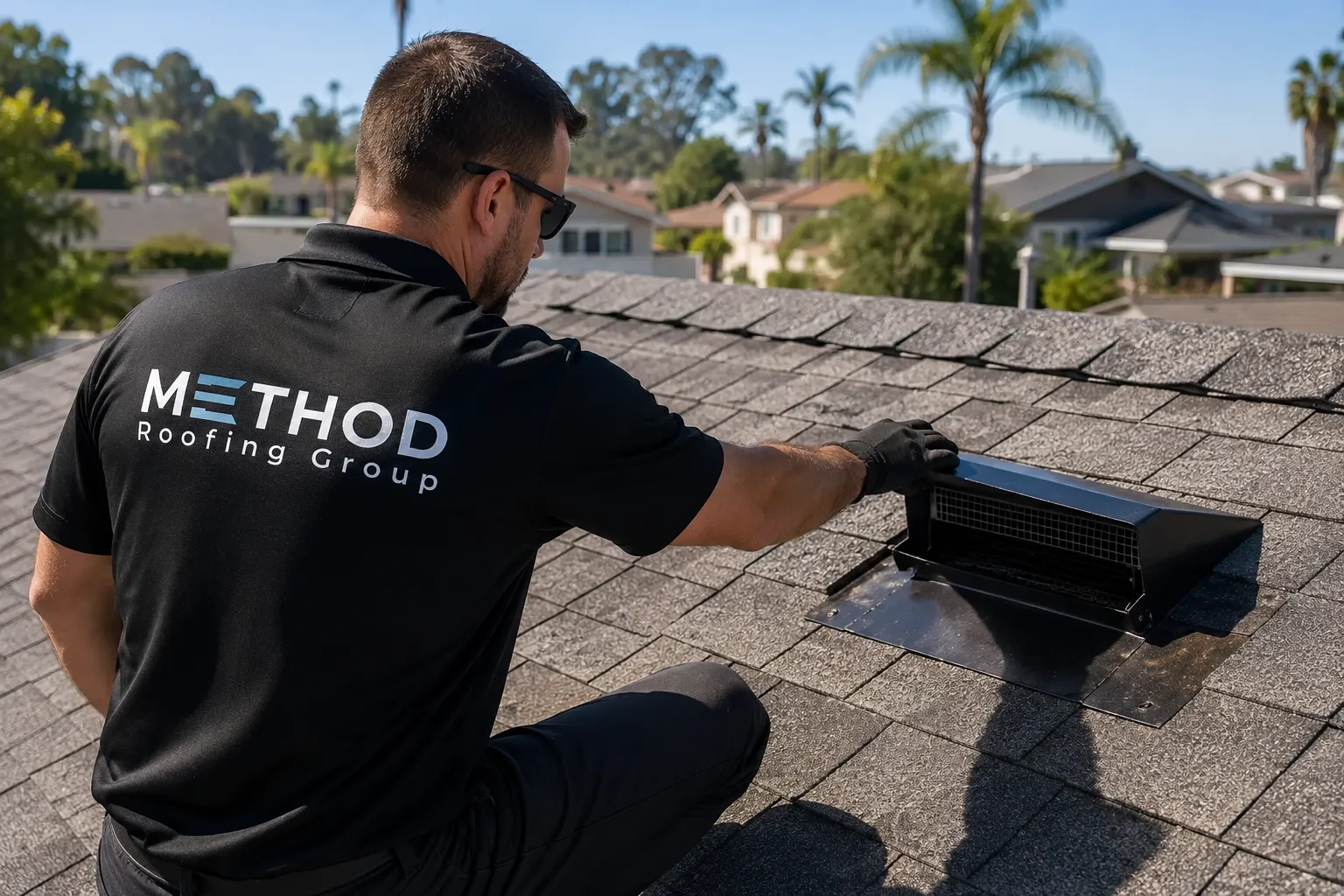 Method Roofing Group inspector documenting a code-required roof vent upgrade for a California insurance claim.