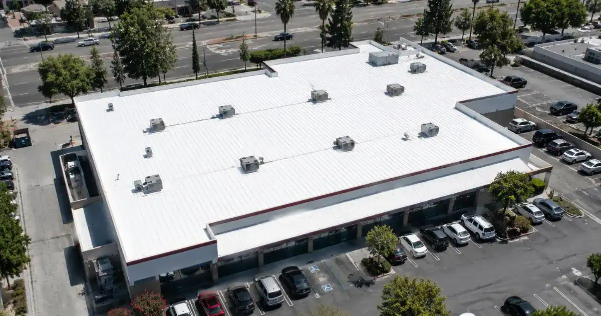 Completed commercial roof system aerial view, Southern California — roof repair vs replacement assessment by Method Roofing Group