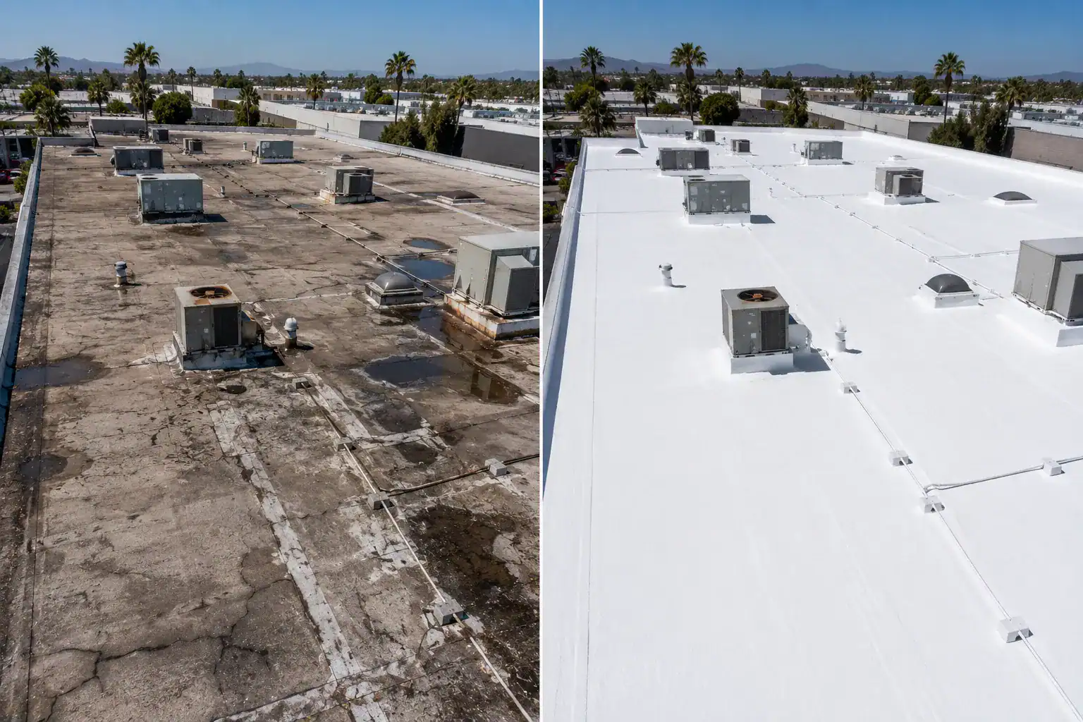 Roof restoration vs replacement — before and after of a Southern California commercial flat roof restored with a fluid-applied coating system instead of full replacement.